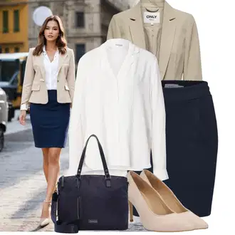 Outfit s Tmavě modrá/Krémová/Žlutá/Bílá Sukně Pro Vysokou Školu/60tého Léta Sukně/Krátká Sukně/90tá Léta Sukně/80tého Léta Sukně/Moderní Sukně/Pletená Sukně/70tá Léta MiniSukně/Tužková Sukně/Unisex Sukně/Sukně boucle Ichi "Skvělý vzhled pro volný čas"