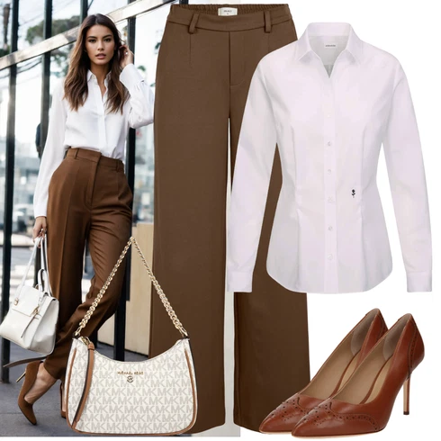 Kombinace Khaki Široká Kalhoty/Mušelínové kalhoty/Kalhoty se Štěrbinou/Marlene Kalhoty/Tesařská kalhoty/Kalhoty Bootcut/Zimní Kalhoty/Tradiční Kalhoty/Twillová Kalhoty Object kombinovat s Bílá/Fialová/Krémová Businessová Halenka/Žehlení odolná blůza/Halenka Slim Fit/Blůza s knoflíčkem About You