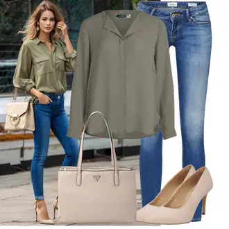 90-ich, Stil Outfit sa Siva/Tamnozelena/Kaki/Bež/Smeđa Bluza s Podignutim Ovratnikom/Bluza Dugih Rukava/Slip-on Bluza/Kožna jakna/Svilena bluza/Bluza s gumbom/Duga Bluza/Tunika Majica/Oversize Bluza Vila "Moderan outfit za slobodno vrijeme"Look: klasický, Stil, Transparentan, Ured, Vatrogasici, Prekrasan, Ležerno, Retro