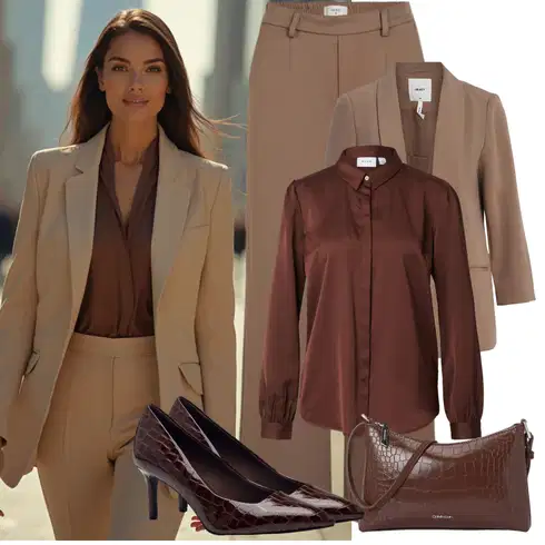 Kombinace Béžová/Hnědá/Khaki Široká Kalhoty/Boyfriend Kalhoty/Kalhoty se Štěrbinou/Kalhoty Bootcut/Marlene Kalhoty/Twillová Kalhoty/Ležérní Kalhoty/Mušelínové kalhoty/Zimní Kalhoty/Kalhoty s Vysokým Pasem Object kombinovat s Červená/Hnědá/Tmavě hnědá Businessová Halenka/Halenka se Stojatým Límcem/Halenkové Body/Blůza s knoflíčkem/Hedvábná Halenka/Saténová Halenka/Halenka s Dlouhým Rukávem Vila