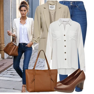 Outfit s Modrá/Tmavě modrá High Waist Džínové Kalhoty/Kotníková Bota/Džíny s Dírou/Kožená bunda/Kožené Boty/Zimní bunda/Džíny s Rozparkem/Kožené bundy/Dámské Džíny s Délkou 7/8/Push up Džín VERO MODA "Lehký outfit"