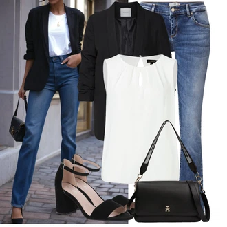 Vysoké Podpatky Outfit s Černá/Béžová Sandál Na Podpatku/Přezková bota/Podpatek na klínku/Platform Sandal/Sandály na hřídeli/Semiortopedická bota About You "Praktický vzhled"