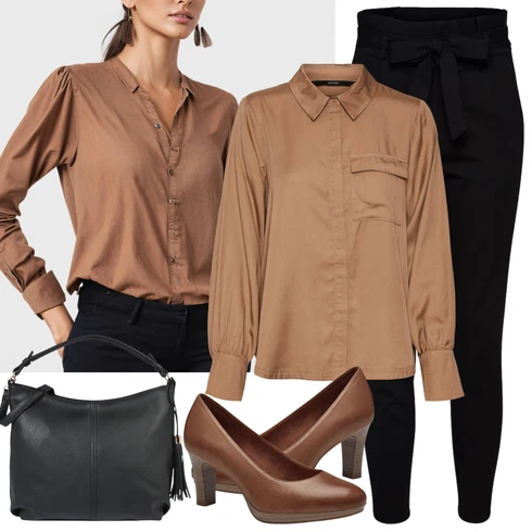 Kombinace Hnědá/Béžová Oversize Halenka/Halenka se Stojatým Límcem/Halenka s Dlouhým Rukávem/Halenkové Body/Jednobarevná Halenka/Saténová Halenka/Tunikové Tričko/Blůza s knoflíčkem VERO MODA kombinovat s Černá Střmenová Kalhoty/Paperbag Kalhoty/Kalhoty s Vysokým Pasem/Pletený Legín VERO MODA