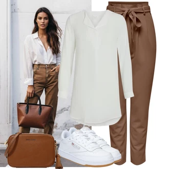 Outfit s Bílá/Krémová/Béžová Nízká Teniska/Skate Bota/Úzká Teniska/Vintage Teniska Reebok "Lehký outfit"
