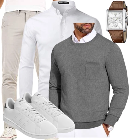 Boyfriend Grau/Weiß BusinessHemd/Business Hemd PARKLEES kombinierenLook: Elegant, Casual, Boyfriend, Stil, Büro, Business, Smart Casual, Edel, Unisex, Preppy, Ausgefallene, Nahtlos, Schlichte