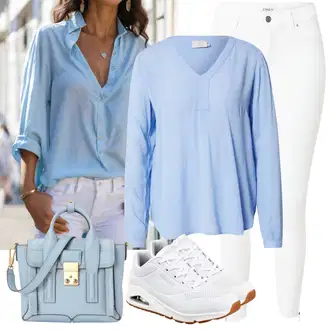 Outfit s Světle Modrá/Modrá Halenkový Top/Crash blůza/Neobvyklá Halenka/Kožená bunda pro muže/Halenka s Dlouhým Rukávem/Slip-on Halenka/Jednobarevná Halenka Kaffe "Nonšalantní look pro volný čas"