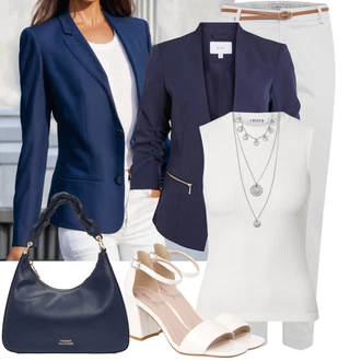 Kombinacije za posao Chic s kopčom Koža sa Smeđa/Crvena/Bijela/Krem Sandalice s blok petom/Sandala s petom About You "Lagana odjeća"Look: Chic, Šik, Old Money, Burleska, cool, Elegantan