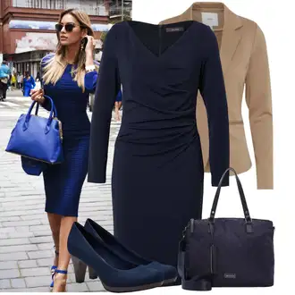 Outfit s Tmavě modrá/Modrá Business Šaty/Občanské šaty/Zimní šaty s dlouhým rukávem/Žerzejové Šaty/Zavinovací Šaty/Pouzdrová Šat/Šaty s dlouhým rukávem/Společenské šaty pro hosta/Kancelářské šaty Vera Mont "Praktický vzhled"