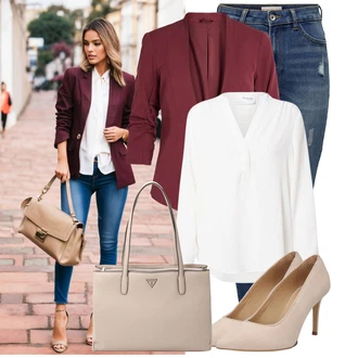 Výstřih na ramena Outfit s Bílá/Krémová Halenka Blůza s knoflíčkem/Halenka s Dlouhým Rukávem/Halenka se Stojatým Límcem/Slip-on Halenka/Oversize Halenka SELECTED FEMME "Módní outfit pro volný čas"
