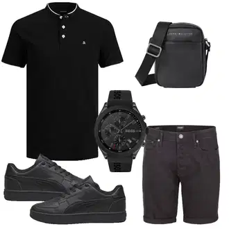 Outfit mit Dunkelgrau/Grau/Schwarz/Dunkelbraun Jeans Short/Bermuda/Kurze Hose/Musselin Shorts Jack & Jones "Casual Outfit"