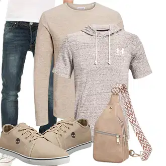 Outfit mit Braun/Beige Mini-Rucksack/Gürteltasche/Schultertasche/Geflochtene Tasche/Mini-Rucksack/Umhängetasche Suweir "Casual Outfits"
