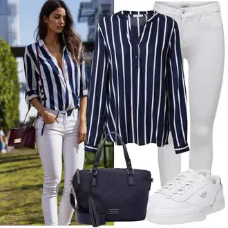 Outfit s Tmavě modrá/Modrá Oversize Halenka/Halenka s Dlouhým Rukávem/Slip-on Halenka/Halenka s Kapucí/Blůza s knoflíčkem/Halenkový Top Kaffe "Pouliční styl oblečení"