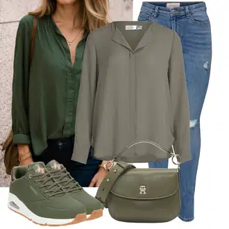 90-ich, Stil Outfit sa Siva/Tamnozelena/Kaki/Bež/Smeđa Bluza s Podignutim Ovratnikom/Bluza Dugih Rukava/Slip-on Bluza/Kožna jakna/Svilena bluza/Bluza s gumbom/Duga Bluza/Tunika Majica/Oversize Bluza Vila "Ležerni look za slobodno vijeme"Look: klasický, Stil, Transparentan, Ured, Vatrogasici, Prekrasan, Ležerno, Retro