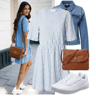 Outfit s Světle modrá/Modrá Společenské šaty pro hosta/Šaty na Konfirmaci/Šaty S Kosticí/Bavlněné Šaty/Francouzské šaty/Občanské šaty/Ležérní Šaty/Šaty Niki Vila "Módní outfit pro volný čas"