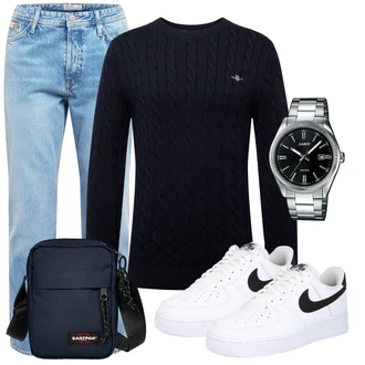Outfit mit Dunkelblau/Schwarz/Blau/Hellblau Wollpullover/Kaschmir Pullover/Thermo Pullover/Strickpullover/Feinstrickpullover/Basic Pullover/Rundhals Pullover/Winterpullover/Carmenpullover GANT "Cool Outfit"