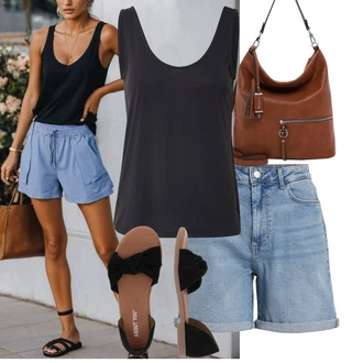 Outfit s Světle modrá/Modrá Košile Vysoký pas Kraťasy/Džínový Šortky/Bermuda Vila "Skvělý pro volný čas"
