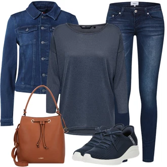 90tá léta Outfit s Tmavě modrá/Modrá/Světle modrá Džínové Bund/Krátké Džínové Bundičky Tommy Jeans "Skvělý pro volný čas"Look: Námořní, Pracovní oděvy, Univerzitní, Moderní, Cool, Western, 90tá léta