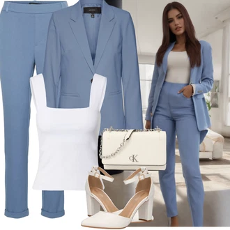 Outfit s Světle modrá/Šedá/Modrá 7/8 Kalhoty/Bengaline Kalhoty/Business Kalhoty/Pohodlná Kalhoty/Obleková Kalhoty/Mušelínové kalhoty/Kalhoty se Štěrbinou/Úzká Kalhoty/Navlékací Kalhoty/Rovná Kalhoty/Strečová Kalhoty VERO MODA "Podzimní outfity"