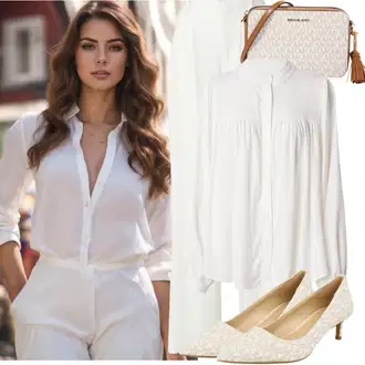 Svatba Outfit s Krémová/Bílá Mušelínové kalhoty/Kalhoty se Štěrbinou/Plisovaná Kalhoty/Plisovaná kalhoty/Kalhoty s nášivkou uprostřed/Marlene Kalhoty/Tradiční Kalhoty/Široká Kalhoty Calvin Klein "Podzimní outfity"Look: Bar, Křest, Den na pláži, Koncert, Chatky, Svatba