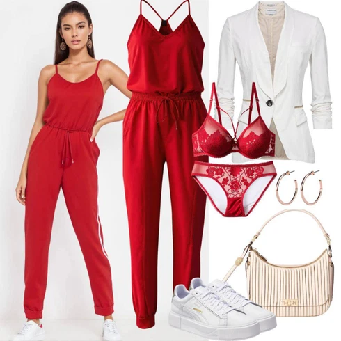 Kombinace Červená Slavnostní Overall/Overal s půlkulatým výstřihem/Overal se širokými nohavicemi/Letní Overall/Elegantní Overal Lascana