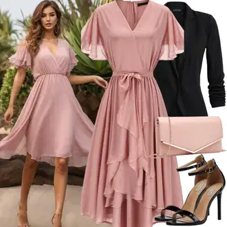 Kombinacije za vjenčanje Old Money sa Pink/Zlatni Torba Za Vjenčanje/Torbica Tamaris "Elegantni ljetni outfit"Look: Šik, Sjaj, Elegantan, Old Money, Burleska, Metalik, Chic, Disko, Vintage