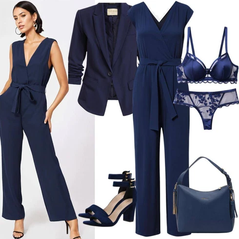 Kombinace Tmavě modrá Overal s půlkulatým výstřihem/Hrací souprava/Letní Overall/Elegantní Overal/Svatební kombinéza/Overal se širokými nohavicemi Tom Tailor