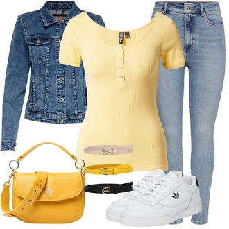 Výstřih na ramena Outfit s Žlutá Pletené tričko/Pletený Top/Tričko s krátkým rukávem/Košilový Top/Funkční tričko/Jednoduchý Top/Fancy tričko Pieces "Skvělý pro volný čas"