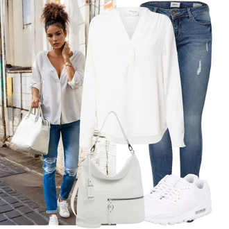 Výstřih na ramena Outfit s Bílá/Krémová Halenka Blůza s knoflíčkem/Halenka s Dlouhým Rukávem/Halenka se Stojatým Límcem/Slip-on Halenka/Oversize Halenka SELECTED FEMME "Praktický vzhled"