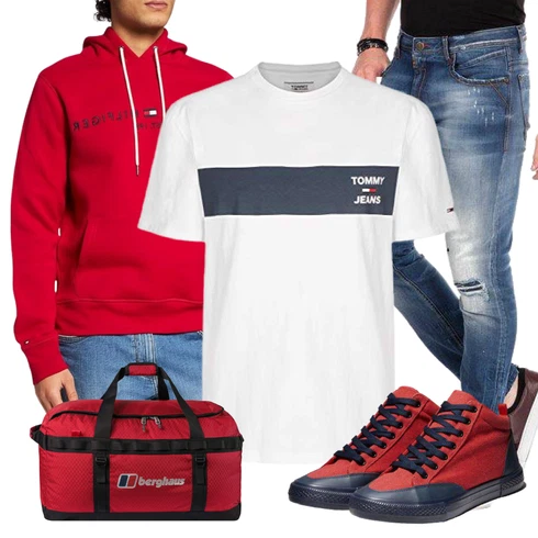 Grau T-Shirt Tommy Jeans kombinieren mit Rot/Dunkelrot Half-zip Hoodie/Sport Hoodie/Unisex Hoodie/Vintage Hoodie/Hoodie/Ausgefallener Hoodie Tommy Hilfiger