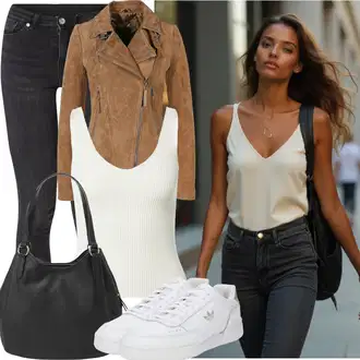 Ležerne kombinacije Šik sa Crna/Smeđa/Bijela Torba Za Preko Ramena/Torba za rame/Ured Za Torbu/Shopper torba/Poslovna Torba/Veliki džep/Torbica About You "Odjeća za jesen"Look: cool, Elegantan, Talijanski, Ured, Old Money, Šik, Chic