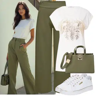 Outfit s Khaki/Světle zelená/Tmavě zelená/Bílá/Béžová/Zelená Bota Teniska na platformě/Tenisky s Bočním Zipem/Nízká Teniska/Letní tenisky/Teniska s dírkovaným vzorem/Plátěná teniska/Úzká teniska/Vintage teniska/Kožené tenisky Guess "Outfit na podzim"