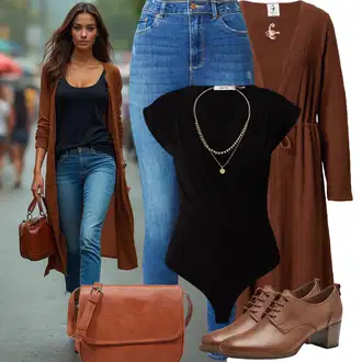 Dlouhý rukáv Outfit s Tmavě hnědá/Hnědá Pletenina veľkej veľkosti/Šaty Móda Pro Plnoštíhlou/Tunika VIERVIER "Outfit na podzim"
