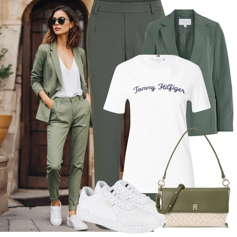 Kombinace Tmavě Zelená/Zelená/Khaki Rovná Kalhoty/Chinos/Plisovaná kalhoty/Navlékací Kalhoty/Obleková Kalhoty/Boyfriend Kalhoty/Business Kalhoty/Úzká Kalhoty/Mušelínové kalhoty/Kalhoty se Štěrbinou/Mrkvová Kalhoty Vila