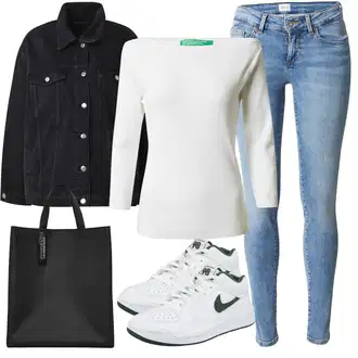 outfit mit Črna/Temno Modra/Modra Rebrast Žamet Jakna/Trajnostna Jakna/Denim Jakna/Kratka Denim Jakna "Jesenski outfit"