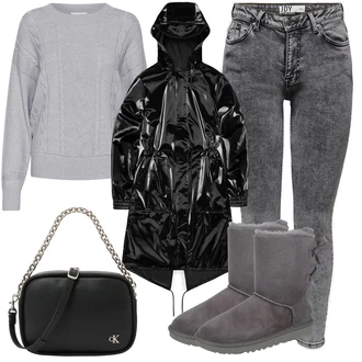 outfit mit Črna/Siva Jakna z voskom/Izjemna jakna/Slip-on jakna/Odsevna Jakna/Dvojna jakna/Dolga jakna/Zimska Parka Rains "Jesenski outfit"