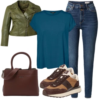 outfit mit Modra Usnjena Jakna/Kavbojke Visokega Pasu/Kavbojke z Razporkom/Ozke Kavbojke/Usnjene Čevlje S.Oliver "Jesenski outfit"