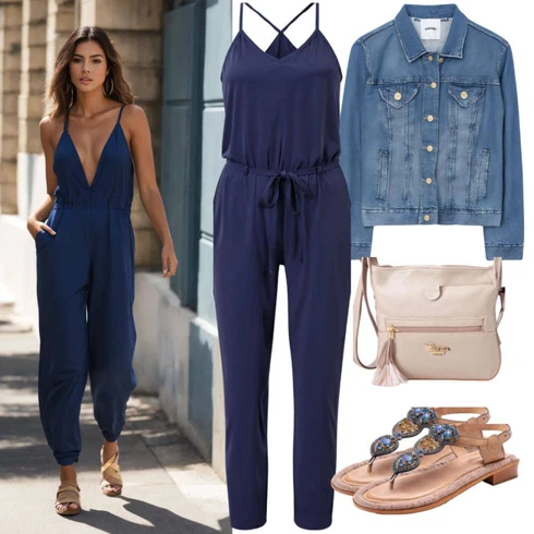 Kombinace Tmavě modrá Elegantní Overal/Plisovaný Overal/Overal s půlkulatým výstřihem/Svatební kombinéza/Letní Overall/Overal se širokými nohavicemi Wal g.