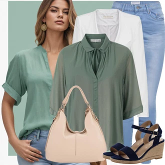 Outfity pro léto s Zelená Ko?ilová Bl?za/Mu?elínová ko?ile/Barevná ko?ile/Le?érní ko?ile olalook "Khaki Ko?ile Letní Vzhled"