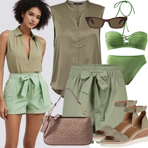 Kombinace Hnědá/Khaki/Tmavě zelená Košile Pytlovitý Šortky/Lněný kraťas/Mušelínové Šortky/Šortky Global Funk