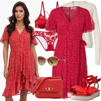 Outfit s Červená/Tmavě červená Letní Šaty/Šaty s Kapsou/Šaty na tenké ramínko/Ležérní Šaty/Žerzejové Šaty/Šaty Na Ramínko/Bavlněné Šaty/Šaty Bez Rukávů Pieces "Krásný letní vzhled"