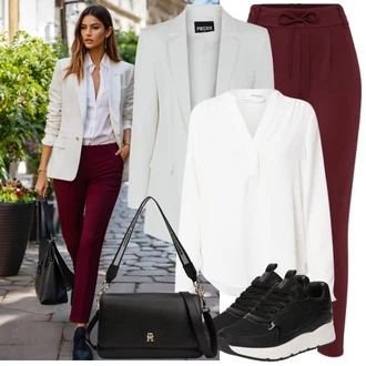 Výstřih na ramena Outfit s Bílá/Krémová Halenka Blůza s knoflíčkem/Halenka s Dlouhým Rukávem/Halenka se Stojatým Límcem/Slip-on Halenka/Oversize Halenka SELECTED FEMME "Oblečení pro volný čas"