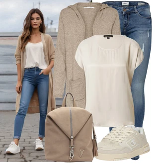Saten Outfit sa Kaki/Smeđa/Bež/Bijela Majica I Top Veći Broj/Bluza Veći Broj/Tunika More & More "Moderan outfit za slobodno vrijeme"