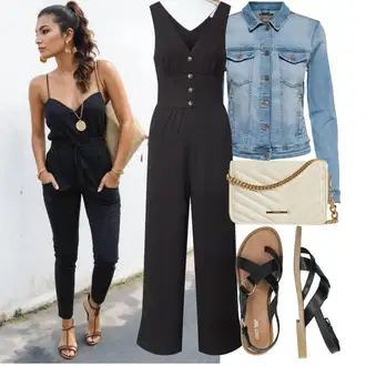 Šik Svatovski gost Outfit sa Crna/Tamnosiva/Siva Plisirani Kombinezon/Kombinezon širokih nogavica/Ljetni Kombinezon/Kombinezon s halterima/Elegantni Kombinezon About You "Odličan za slobodno vrijeme"Look: Skater, Ured, Disko, 20-ih godina, Radna odjeća, 70-ich, Šik
