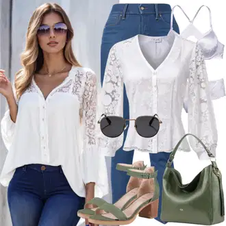 Outfity pro léto Pracovní oděvy s Bílá/Krémová Mušelínová košile/Košilová Blůza Vanessa Bruno "Letní vzhled pro plnoštíhlé ženy"Look: Klasické, Styl, Kancelář, Chytrý příležitostný, S průsvitem, Univerzitní, Pracovní oděvy