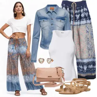 S zakovicama Outfit sa Svjetloplava/Krem/Plava Traper Jakna/Vintage Jakna/Kratka Traper Jakna Zadig & Voltaire "Lijep ljetni izgled"Look: Motor, S zakovicama, Jahanje