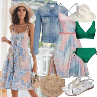 S zakovicama Outfit sa Svjetloplava/Krem/Plava Traper Jakna/Vintage Jakna/Kratka Traper Jakna Zadig & Voltaire "Ljetni Izgled Mini Haljina"Look: Motor, S zakovicama, Jahanje