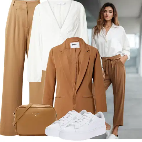 Kombinace Khaki/Béžová/Hnědá Kalhoty s nášivkou uprostřed/Mušelínové kalhoty/Palazzo Kalhoty/Plisovaná kalhoty/Široká Kalhoty/Kalhoty s Vysokým Pasem/Plisovaná Kalhoty/Kalhoty se Štěrbinou/Obleková Kalhoty/Paperbag Kalhoty/Marlene Kalhoty About You kombinovat s Bílá/Šedá Zavinování Halenka/Mušelínová Halenka/Dětská hračka/Crash blůza Vila