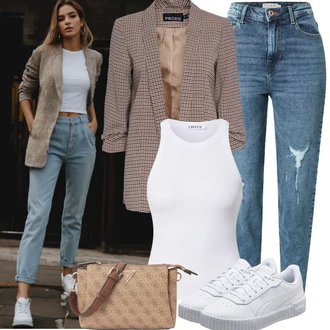 Outfity pro práci s Světle modrá/Modrá High Waist Džínové Kalhoty/Kotníková Bota/Boyfriend Džínové kalhoty/Džíny s Rozparkem/Kožené bundy/Džíny s Dírou/Girlfriend Džíny Pieces "Podzimní outfity"