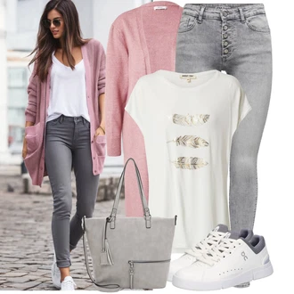 Outfit s Růžová/Fialová Kašmírový kardigán/Zimní svetr/Pončo & Kimono Župan/Kardigán se stojatým límečkem/Dlouhé Kardigany/Kardigán s kulatým výstřihem JdY "Módní outfit pro volný čas"