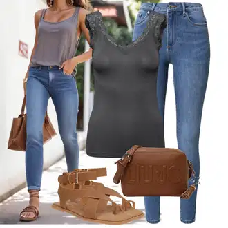 Outfit s Béžová/Hnědá Páskový Sandál/Sandál S T Páskem/Sandál Dianette/Římská sandála/Gladiátorská sandála About You "Skvělý pro volný čas"